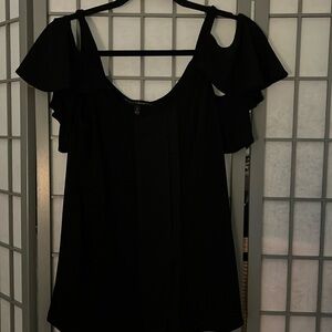 WHBM black cold shoulder top with paneled embroidery. Euc. Small.